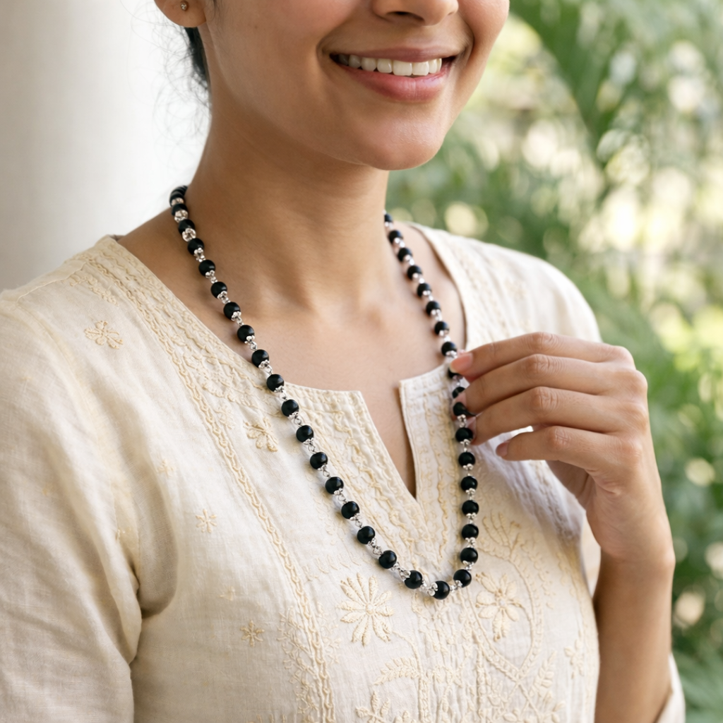 Black Karungali Mala with Silver Cap – Lab Certified